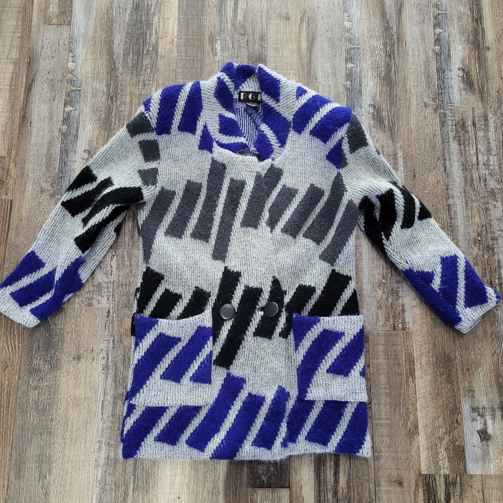 Vintage Mohair Cardigan 80s Chunky Grandpa Sweater Geometric Coatigan